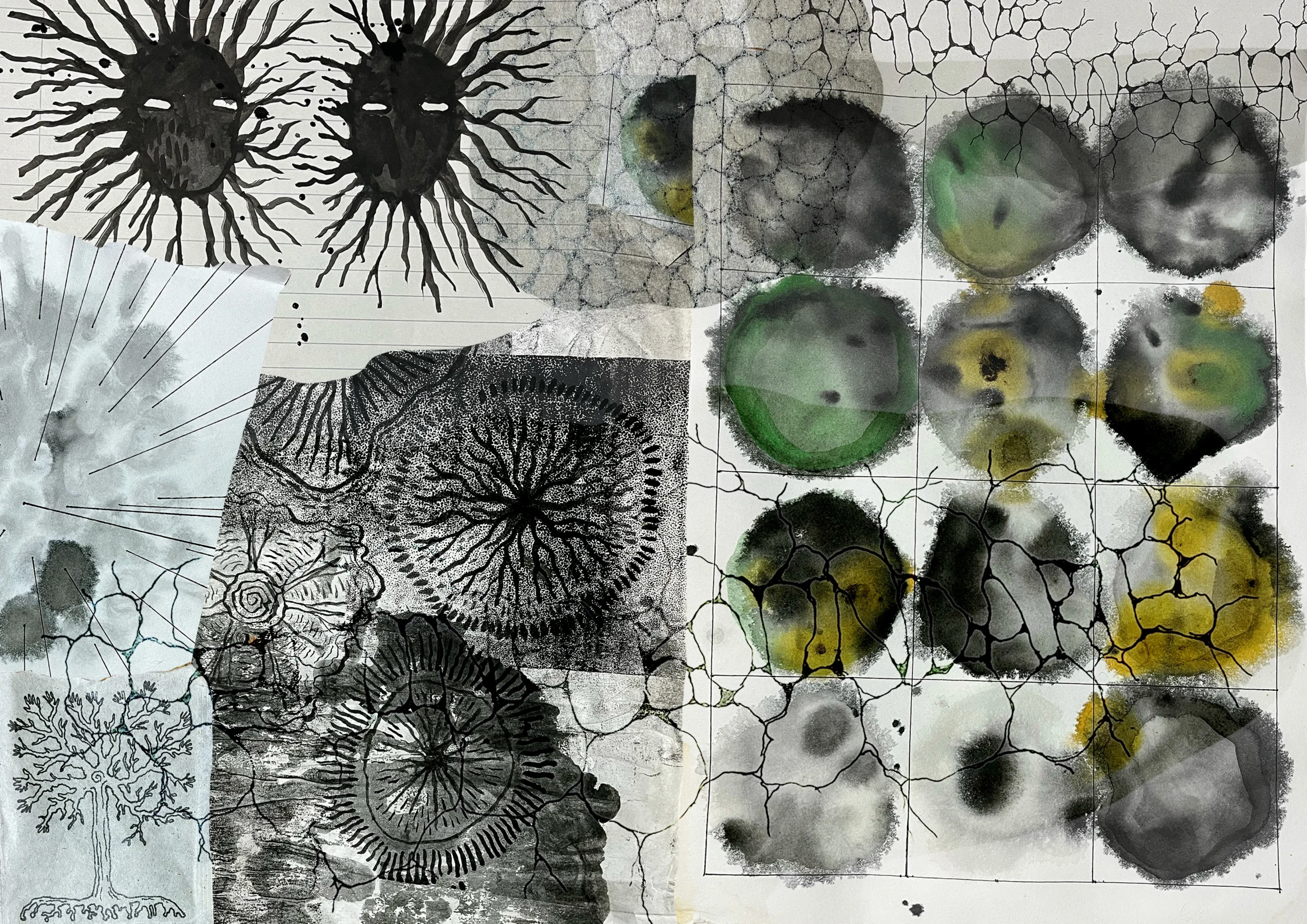 Digital ink collage about crown shyness natural phenomenon