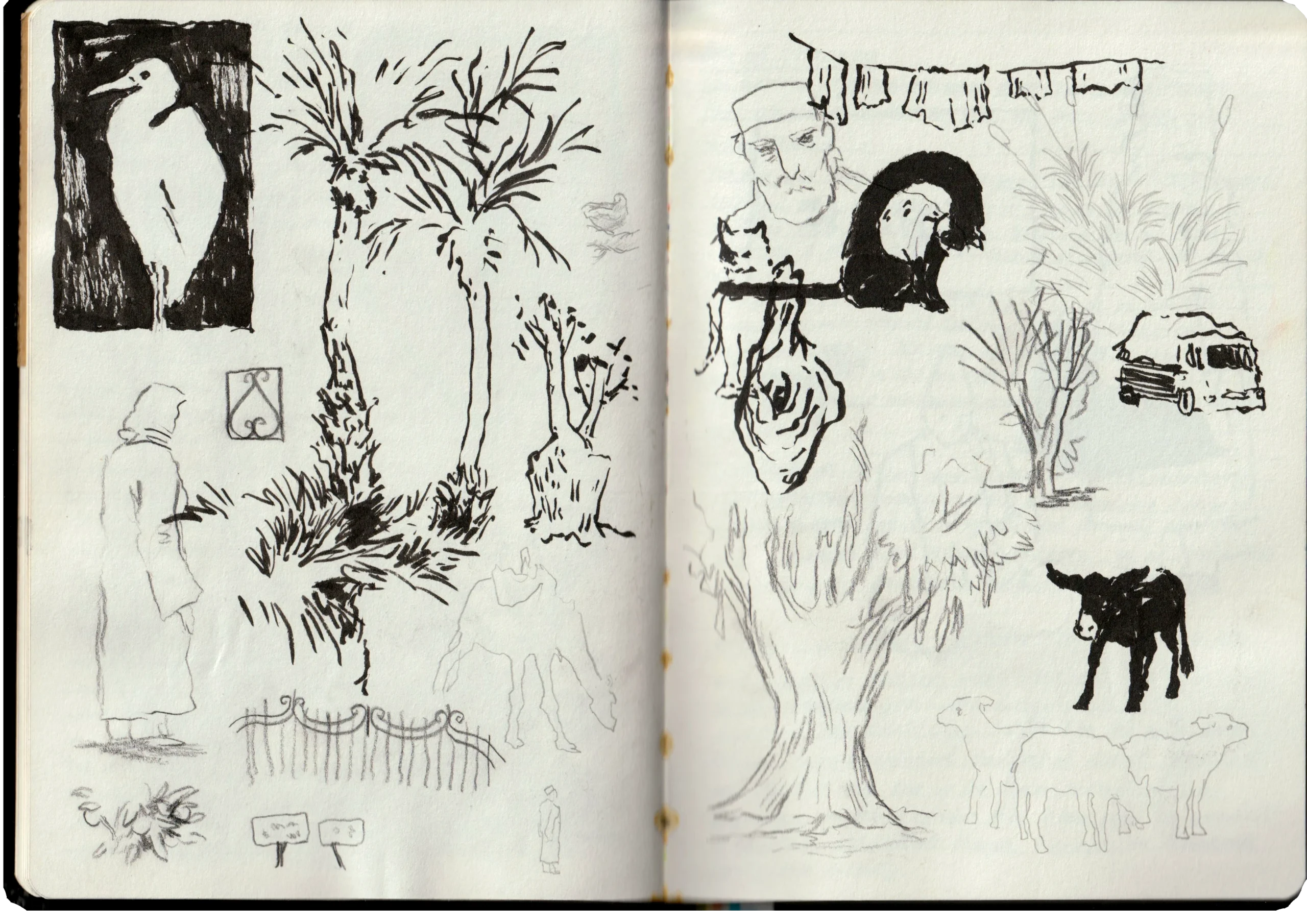 Travel sketchbook spread with ink and pencil sketches from Morocco